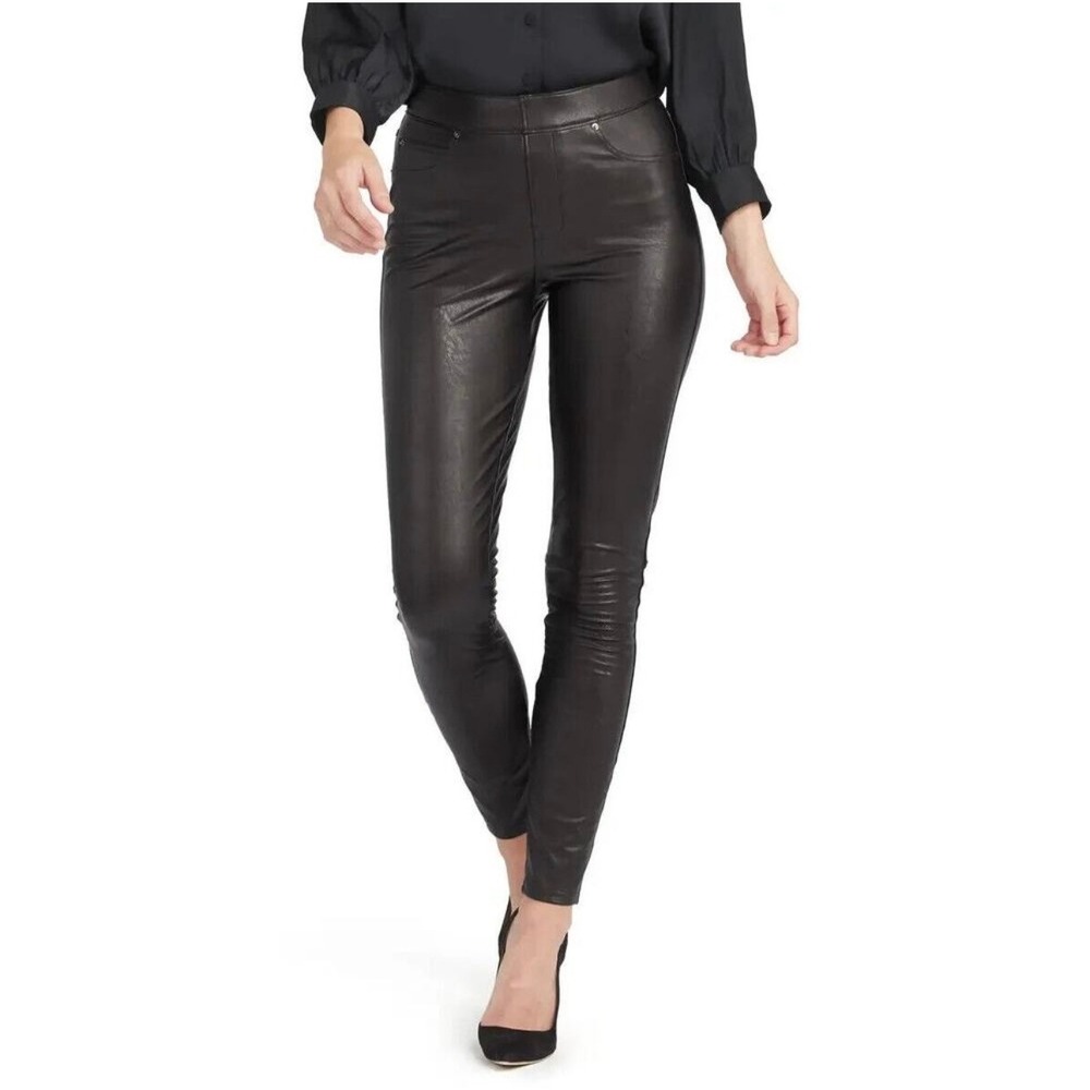 Spanx Leather Like Ankle Skinny Pants Noir Black Hi Rise 20282R S Small Pull On